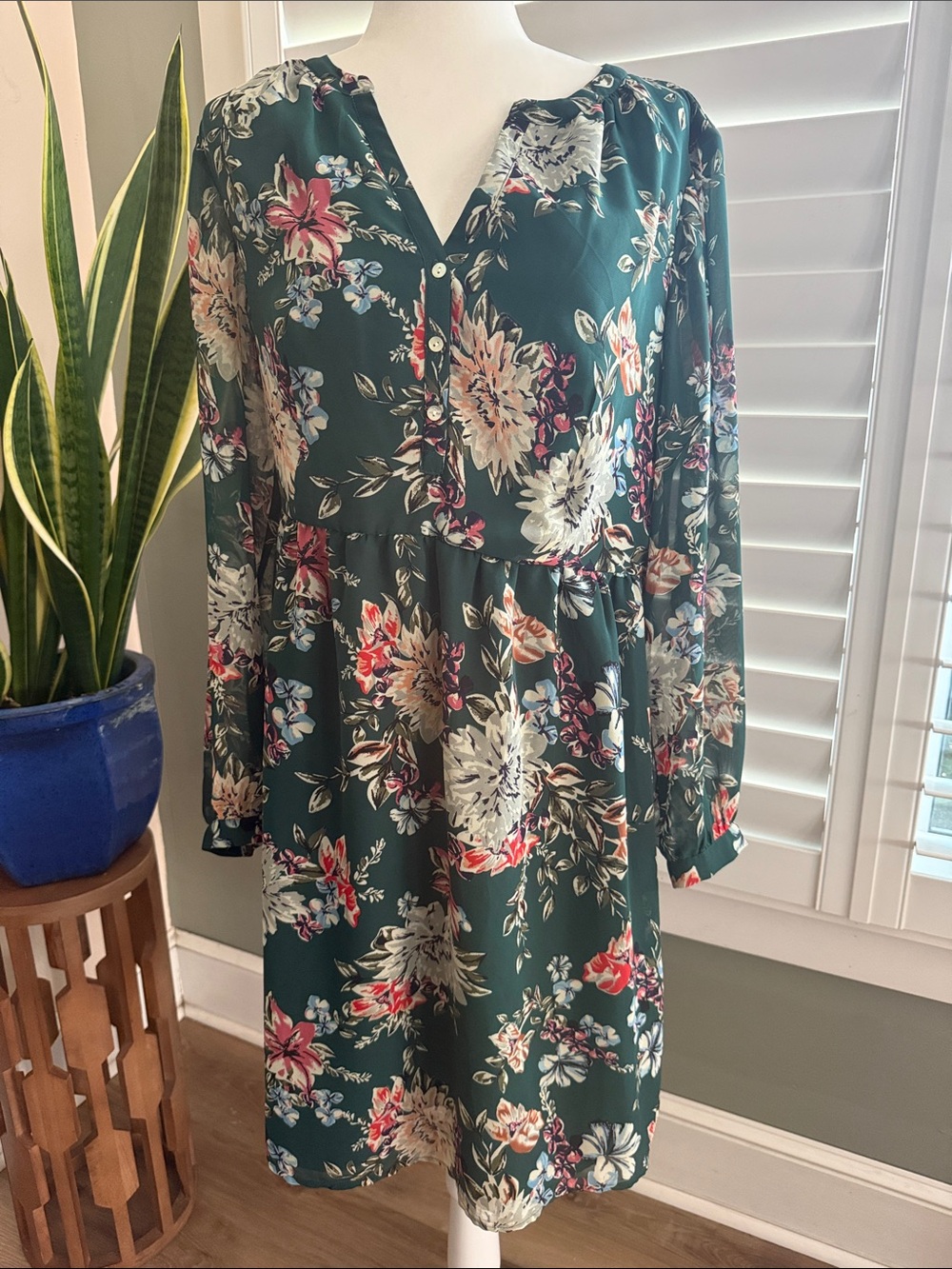 A New Day Target Green Floral Long Sleeve Dress
